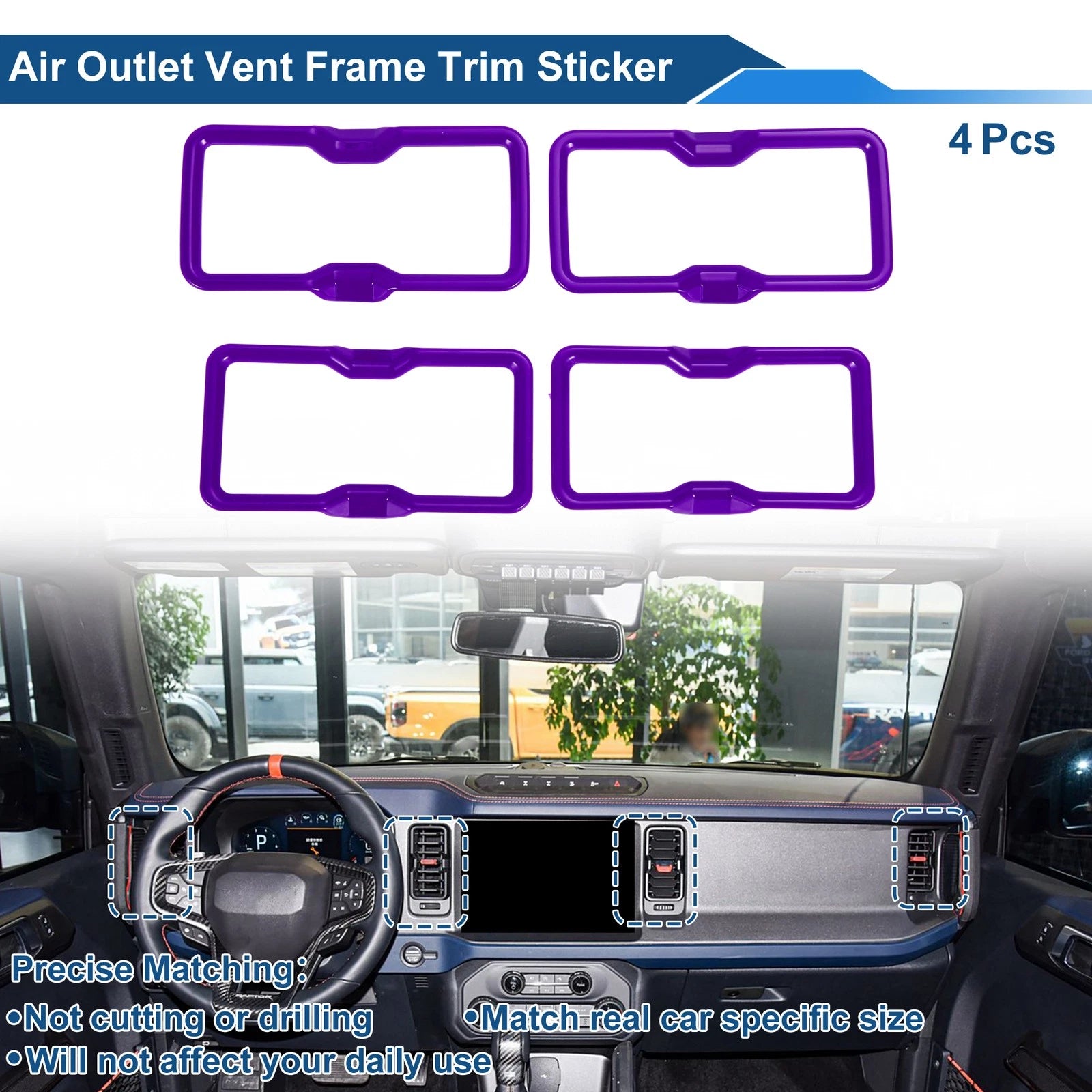 Set of 4 Air Condition Outlet Vent Trim Cover Frame for Ford Bronco (2021–2024) Purple