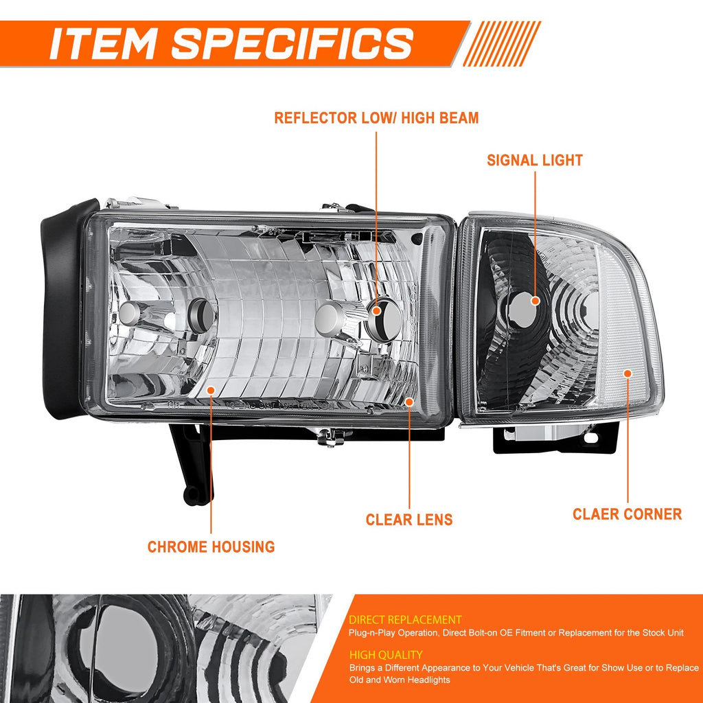 Chrome Housing Headlight Clear Corner Signal Lamps for Dodge Ram 1500-3500 (1994–2002)