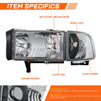 Chrome Housing Headlight Clear Corner Signal Lamps for Dodge Ram 1500-3500 (1994–2002)