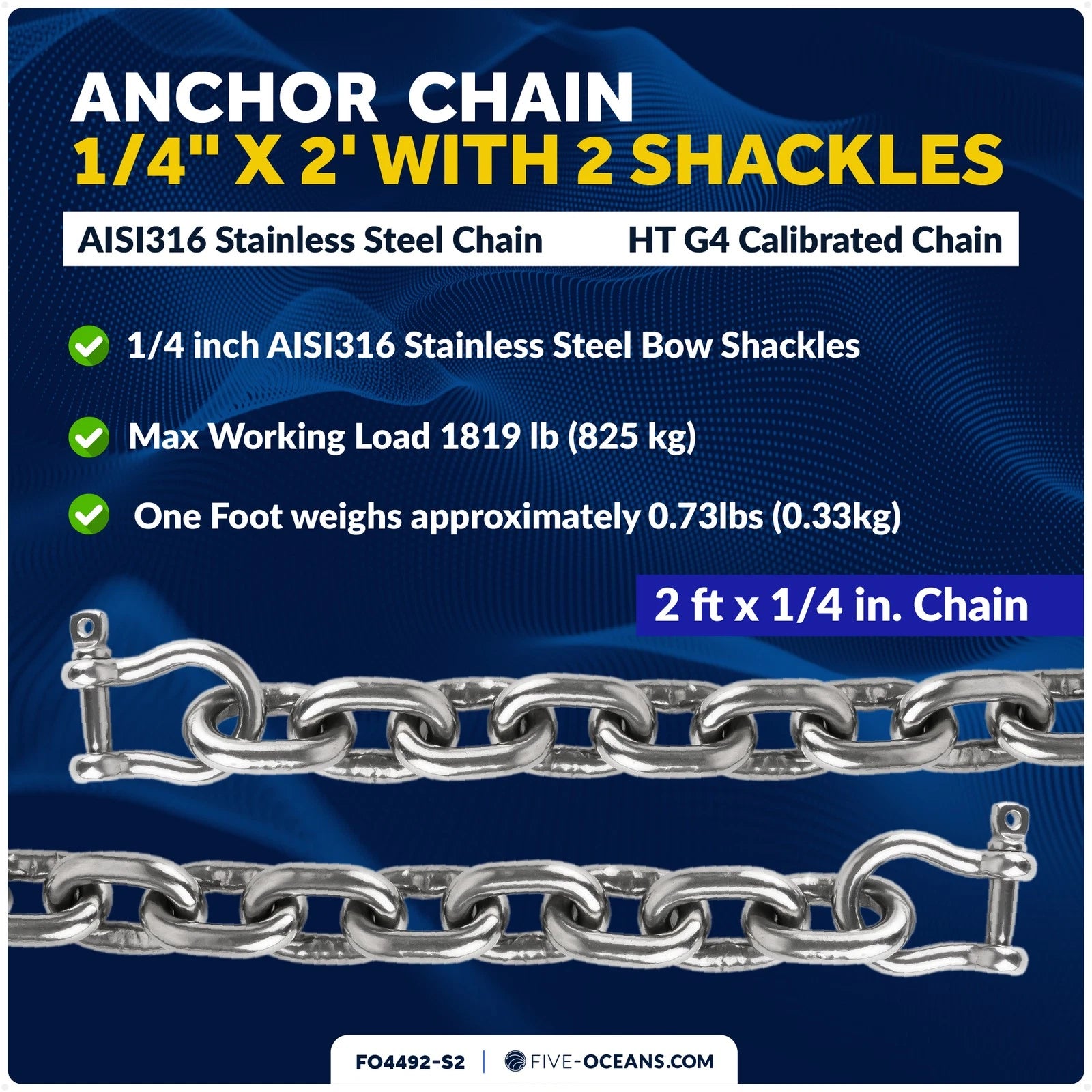 1/4" x 2' Lead Chain with Shackles for Boat Anchor (HTG4)