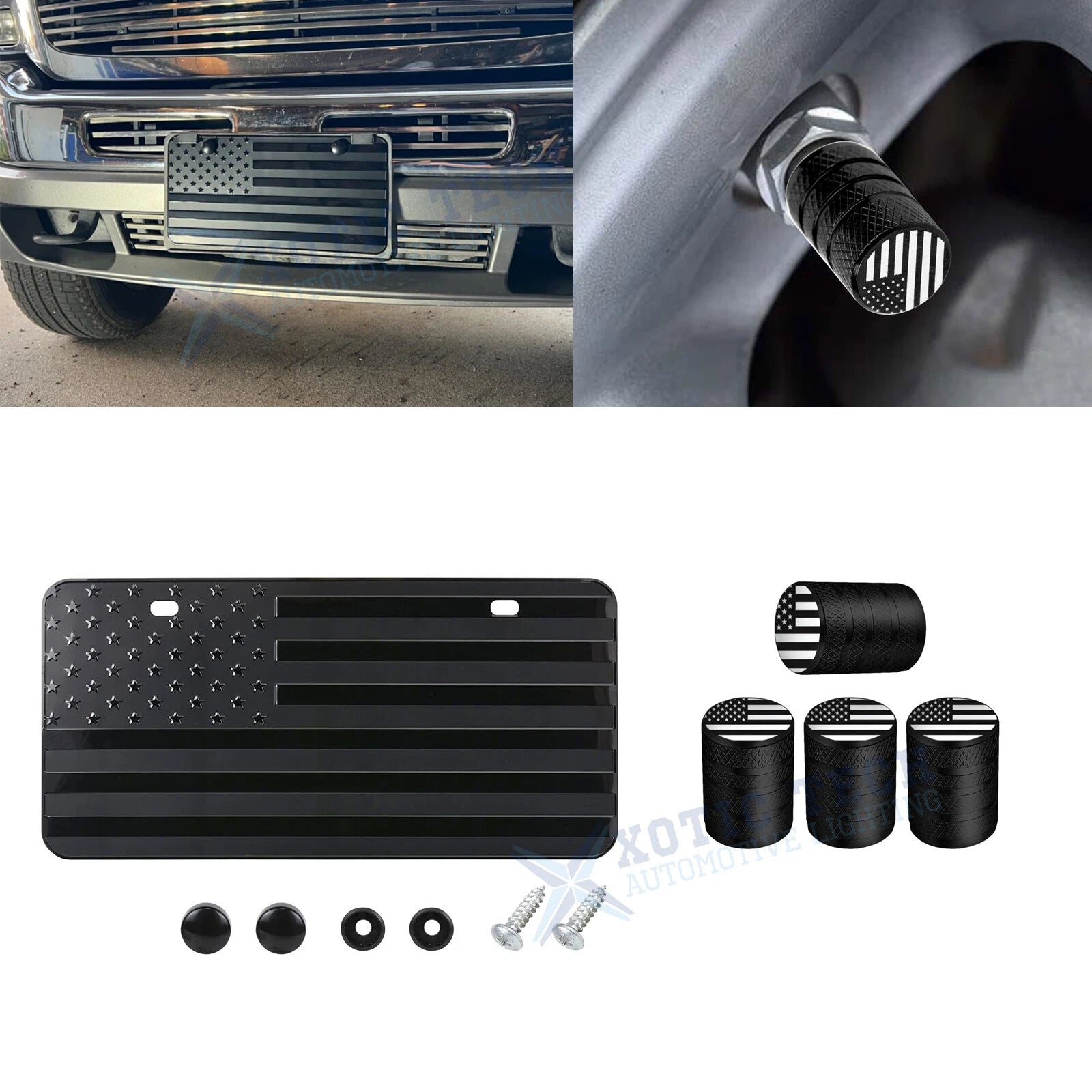 American Flag Front License Plate Valve Stem Cap Cover for Universal (Black)