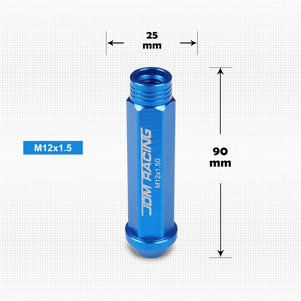 20Pc M12X1.5 Blue JDM Open End Conical Wheel Lug Nuts + Extension 25mmx90mm