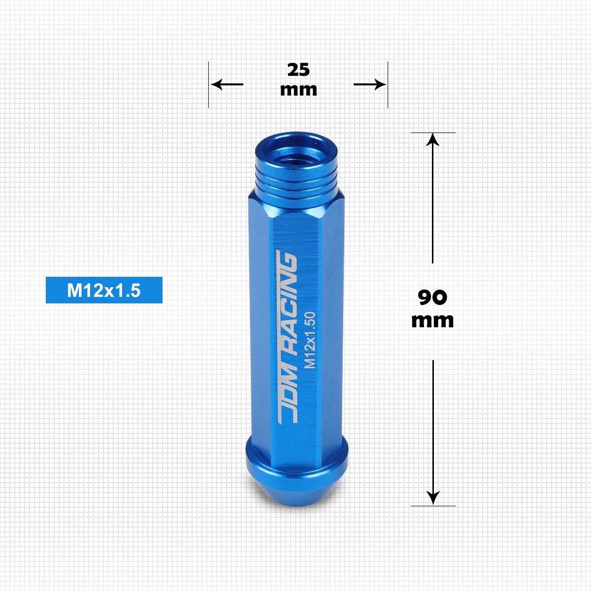 20Pc M12X1.5 Blue JDM Open End Conical Wheel Lug Nuts + Extension 25mmx90mm