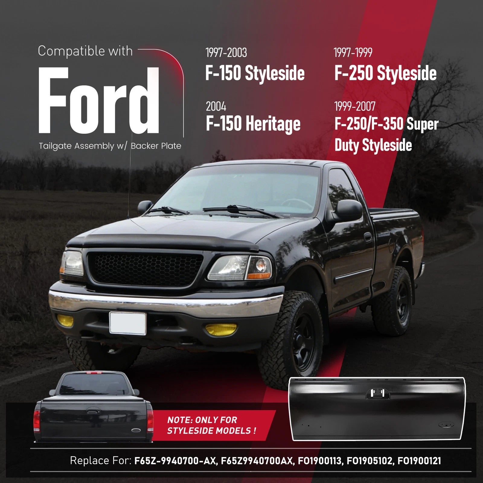 Tailgate Assembly with Backer Plate for Ford F150 (1997–2003) F250 F350 (1999–2007) Styleside