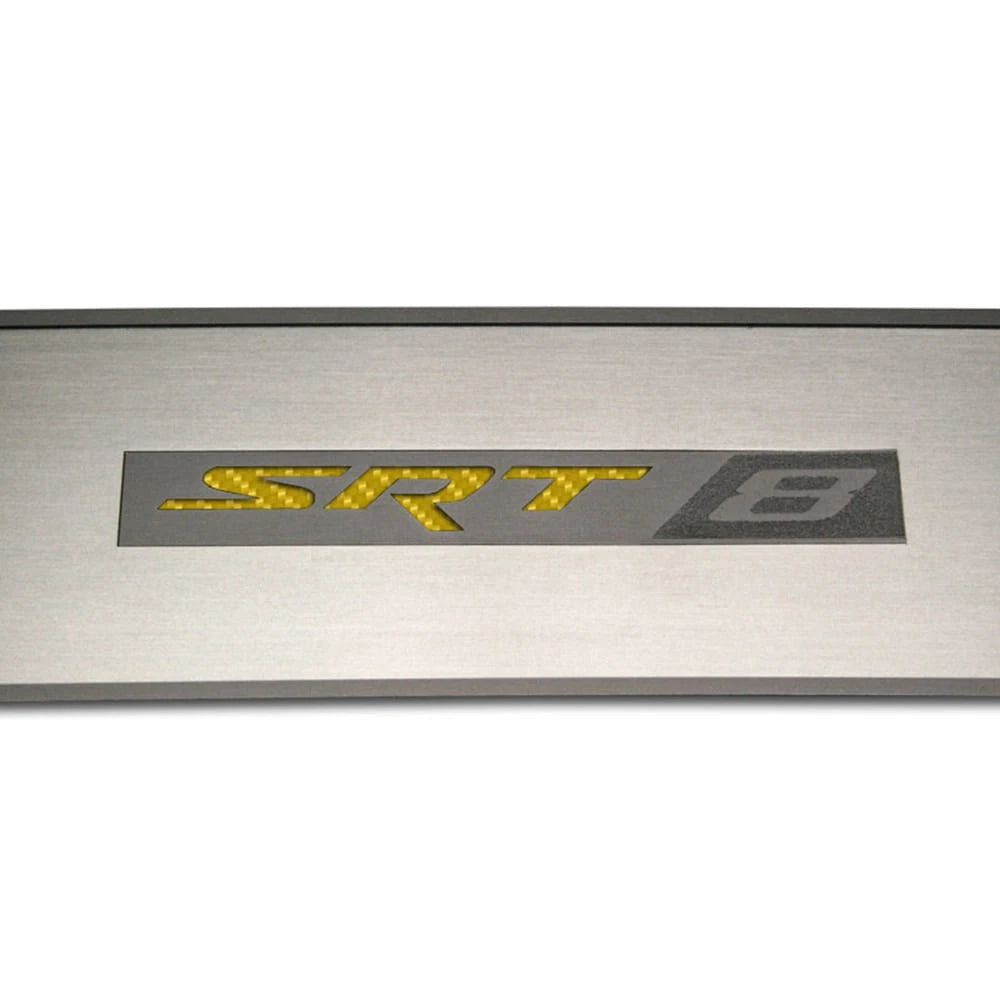 Door Badges w/Yellow Carbon Fiber 'SRT 8' Inlay for 2008-2014 Dodge Challenger
