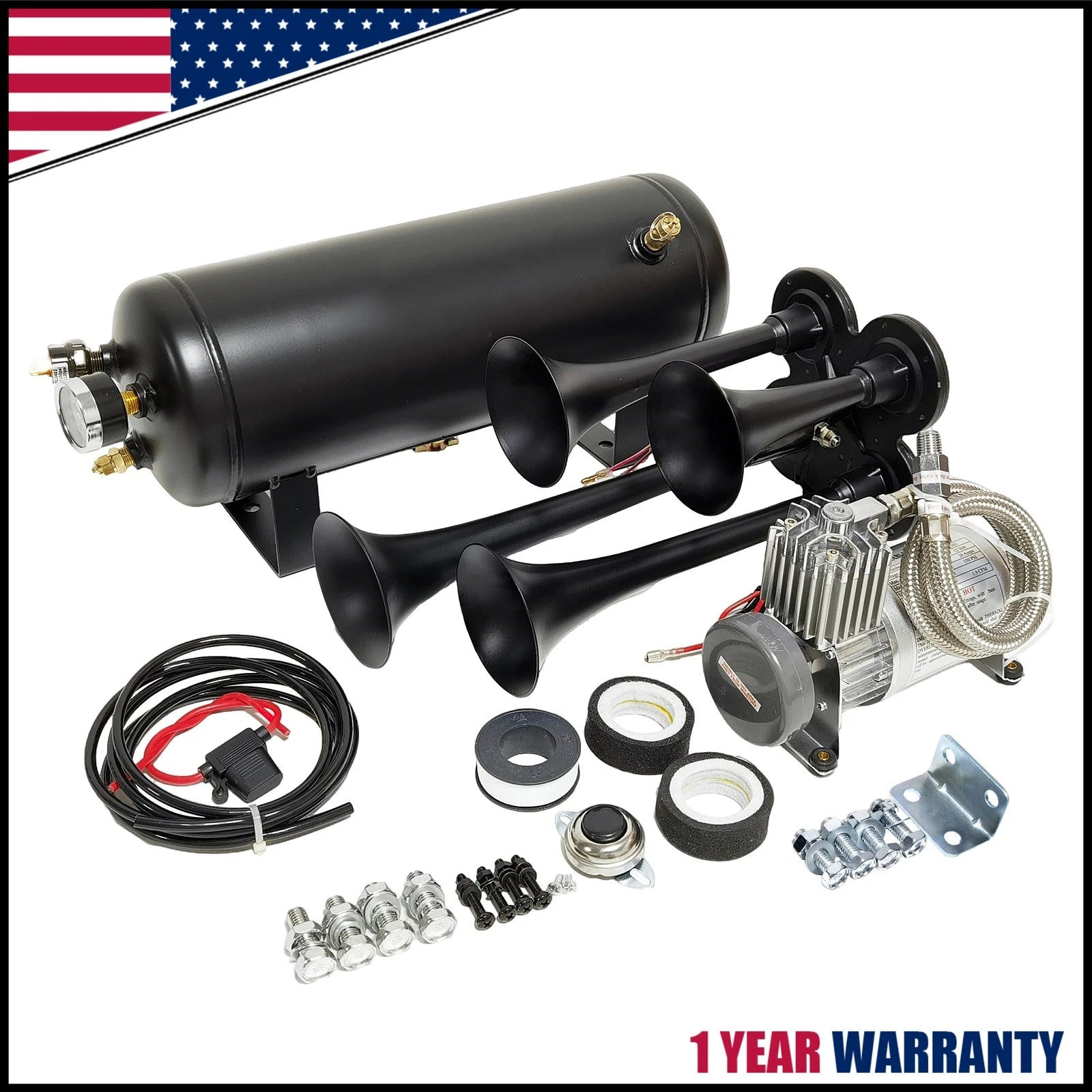 Train Horn Kit 4 Trumpets with 1.5G Air Tank 150PSI for Truck Car