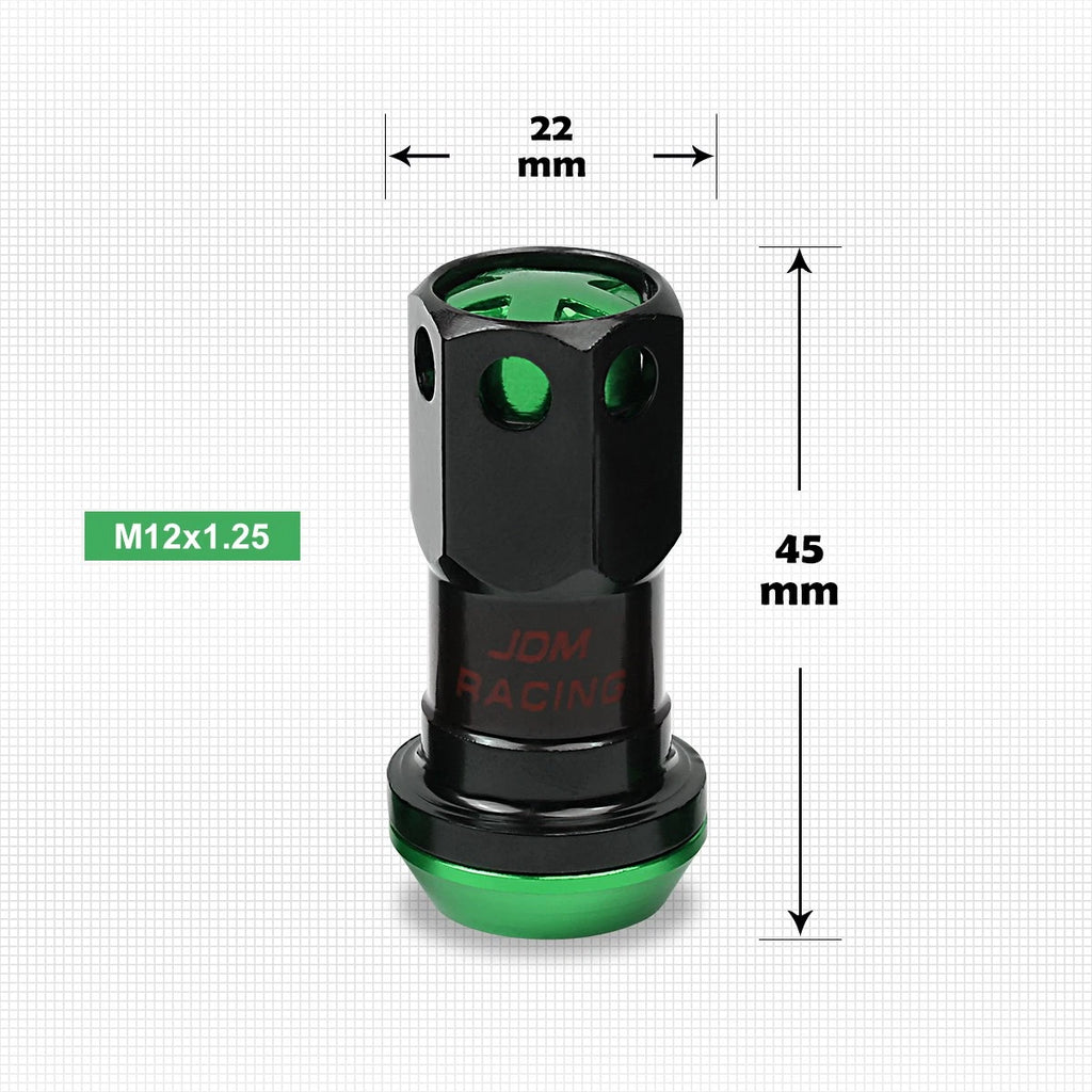 20Pc M12X1.25 Green JDM Closed End Lug Nuts + Spline Locks + Key + Extension