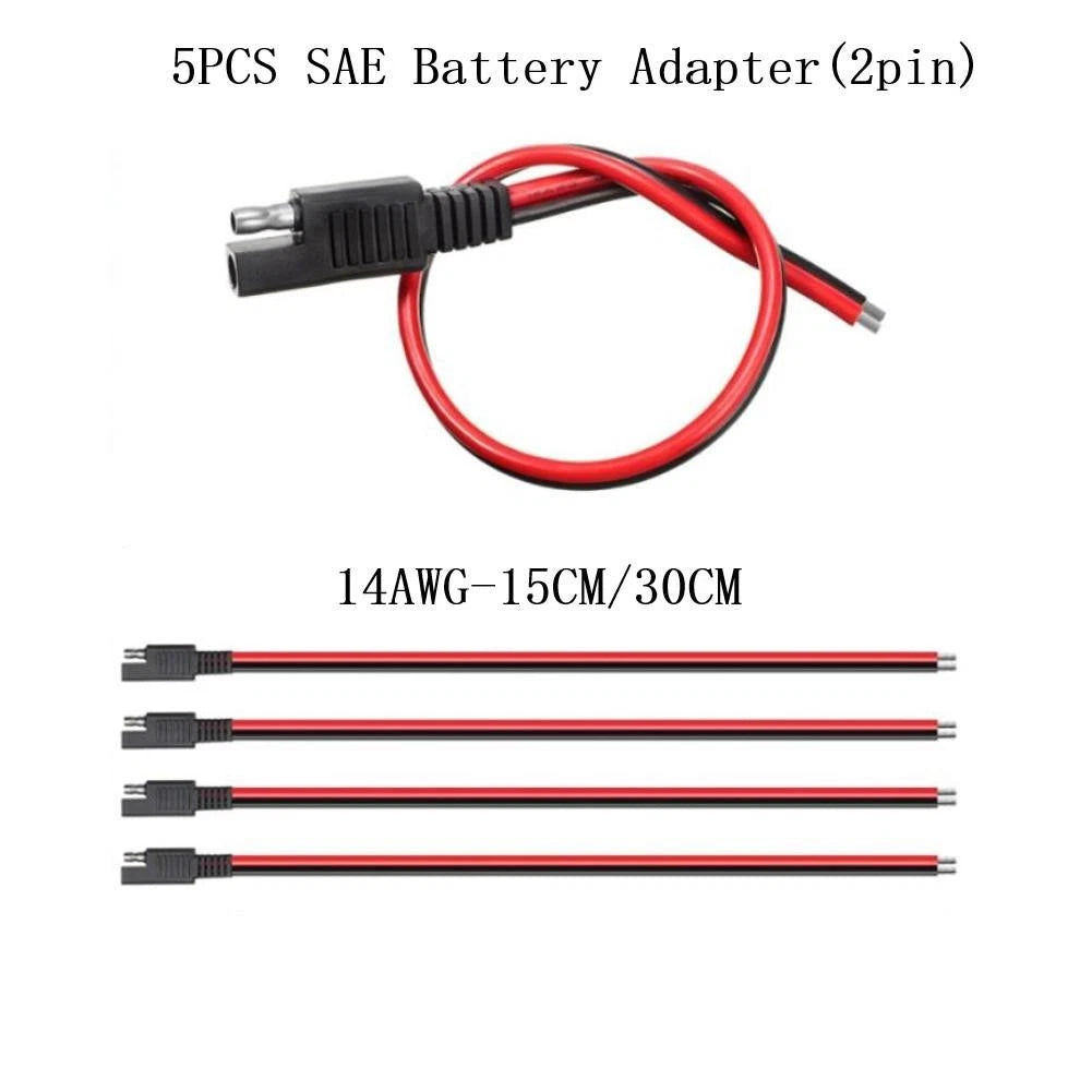 Set of 5 Black Red SAE Extension Cords 15/30cm 12V DC 14AWG Connector