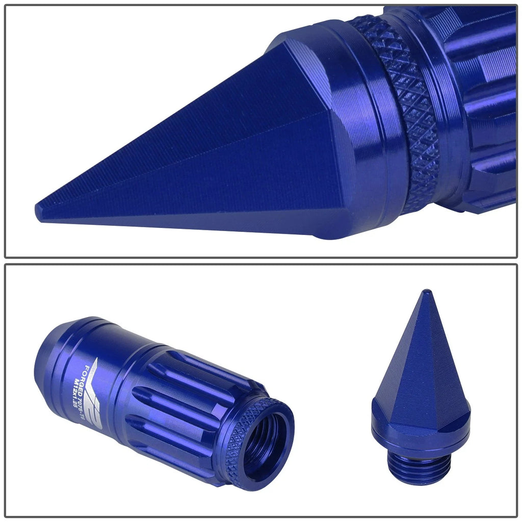 Set of 16 J2 7075 Forged Aluminum M12x1.25 Spiky Cap Lug Nuts with Lock & Key Blue