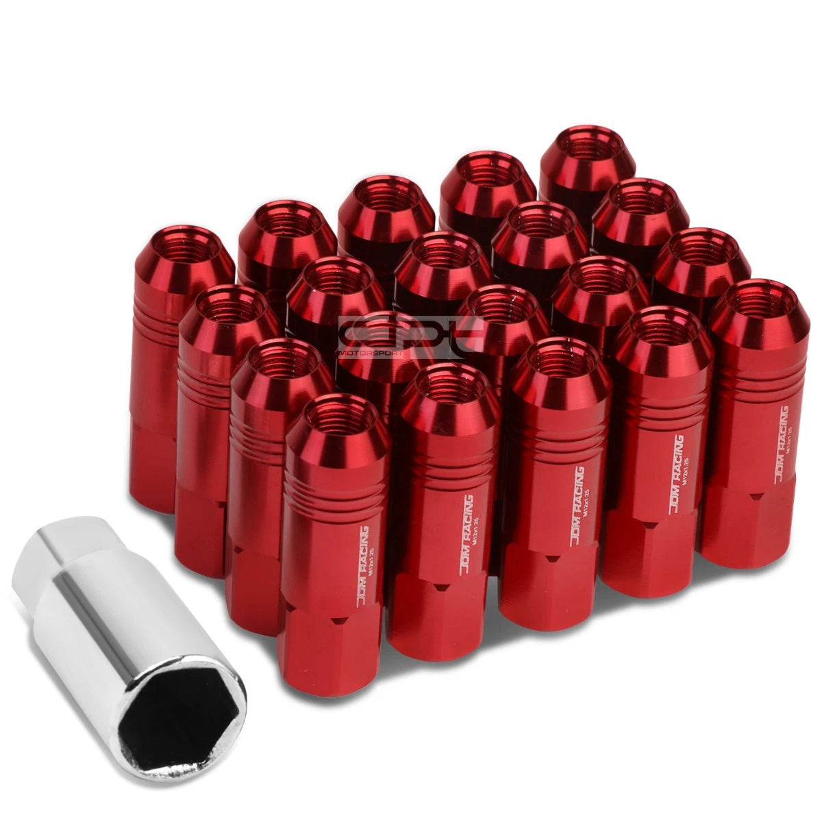 20x Open End M12x1.25 60mm Tall Red Aluminum Lug Nuts + Adapter