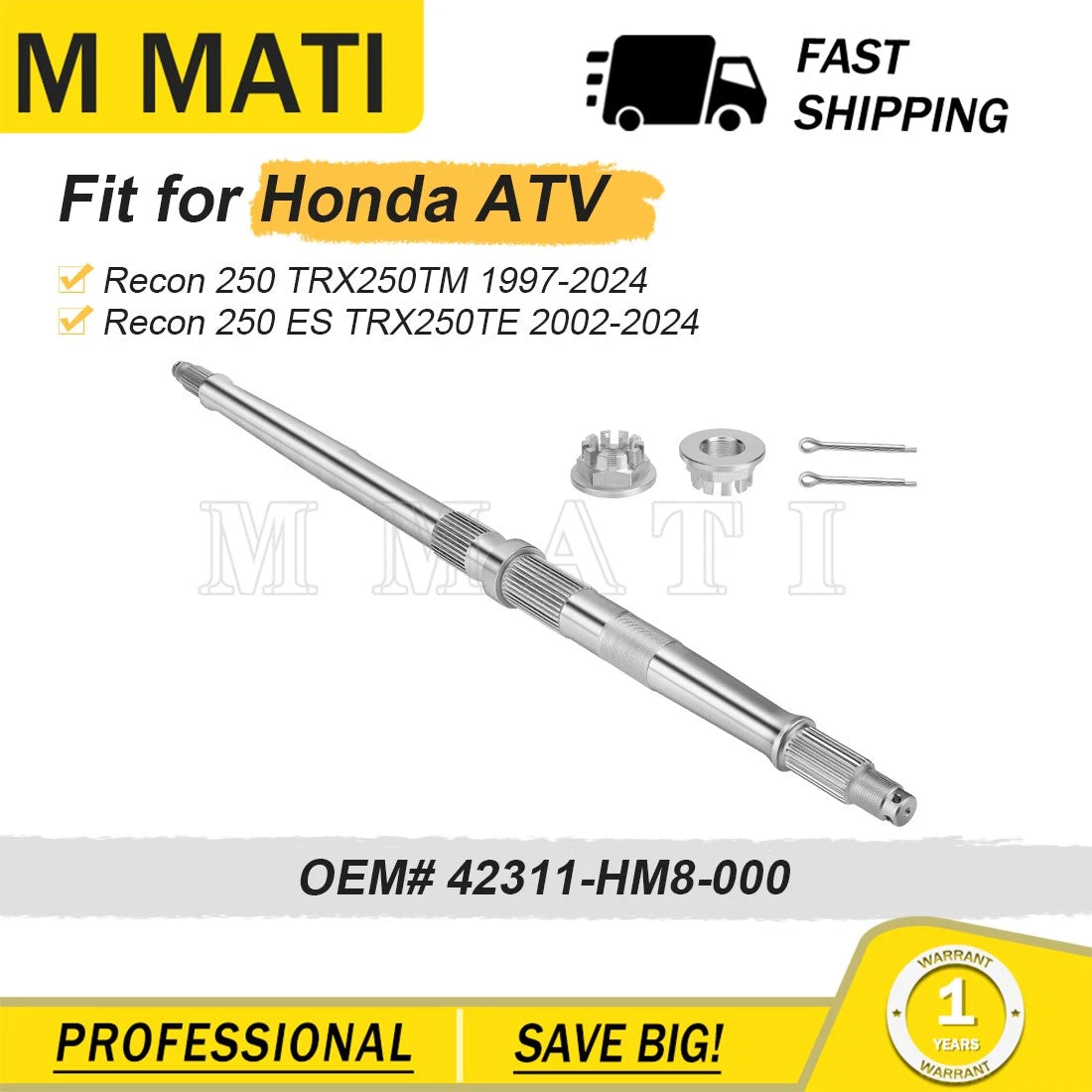 Rear Wheel Axle for Honda Recon 250 TRX250 TM/TE (1997–2024) 42311-HM8-000