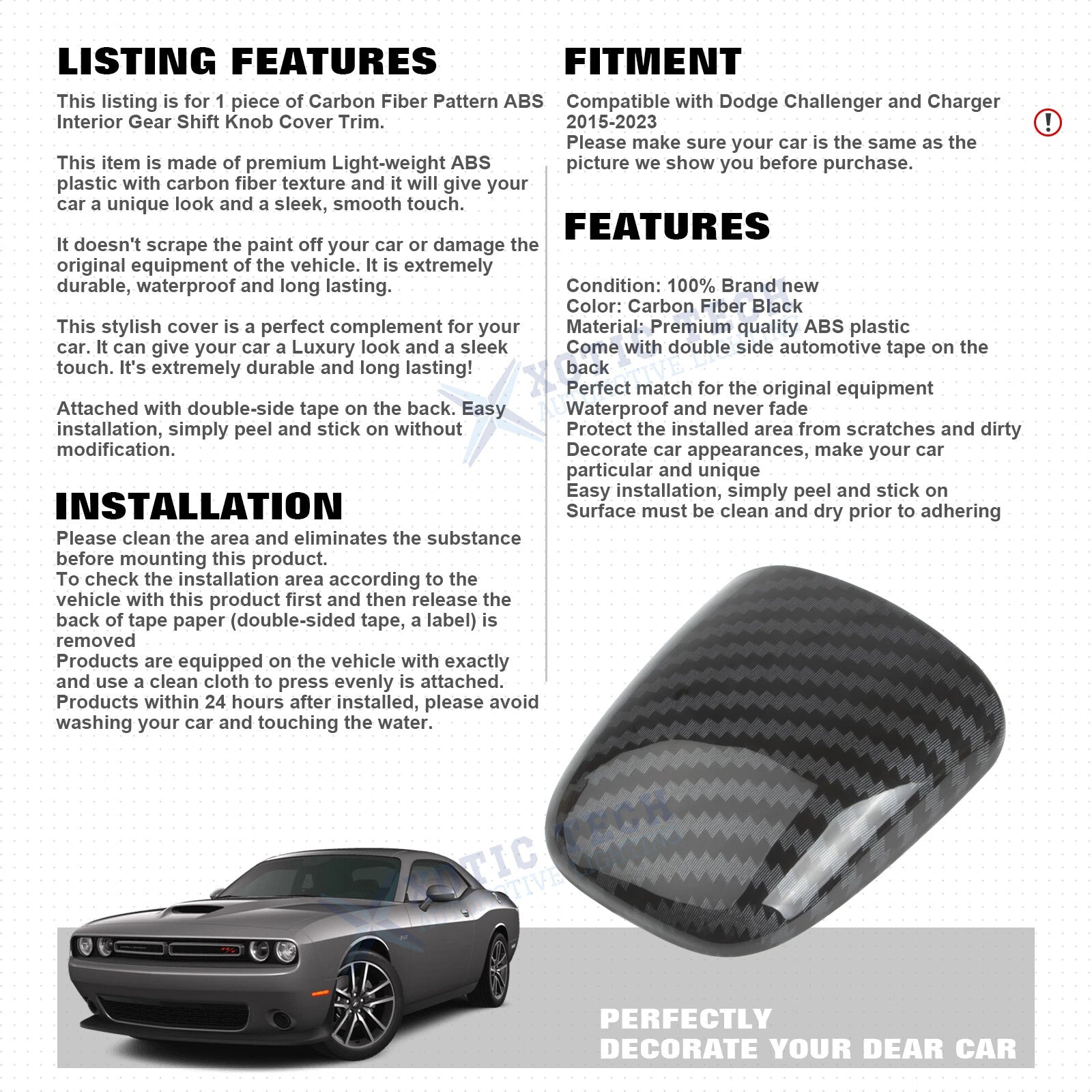 Carbon Fiber Grain Gear Shift Knob Cap for Dodge Challenger Charger (2015-2023)