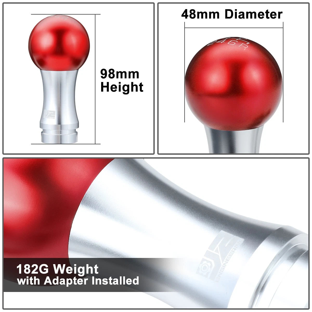 2-Piece 48mm Aluminum Red Silver Shift Knob for