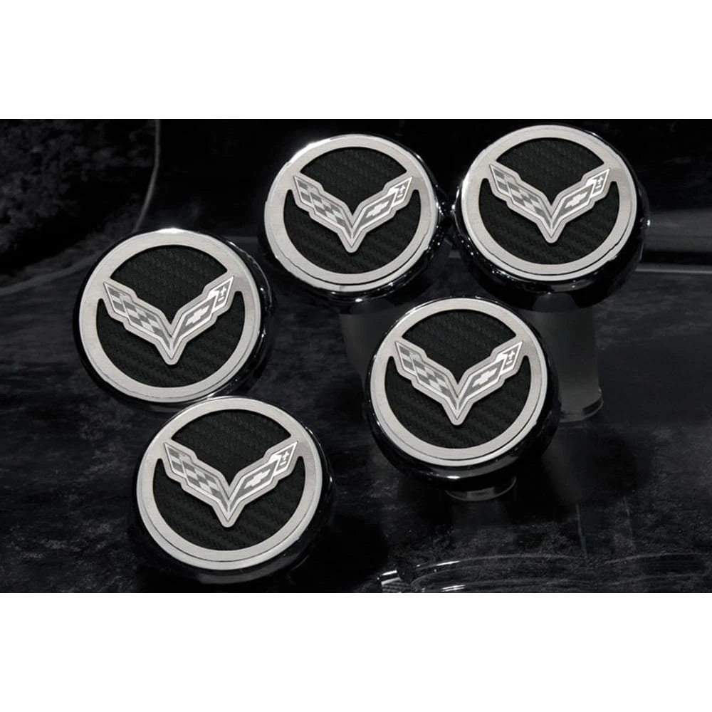 Chrome Cap Covers w/Red Carbon Fiber Flag Inlay for 14-19 Corvette Z06 Automatic