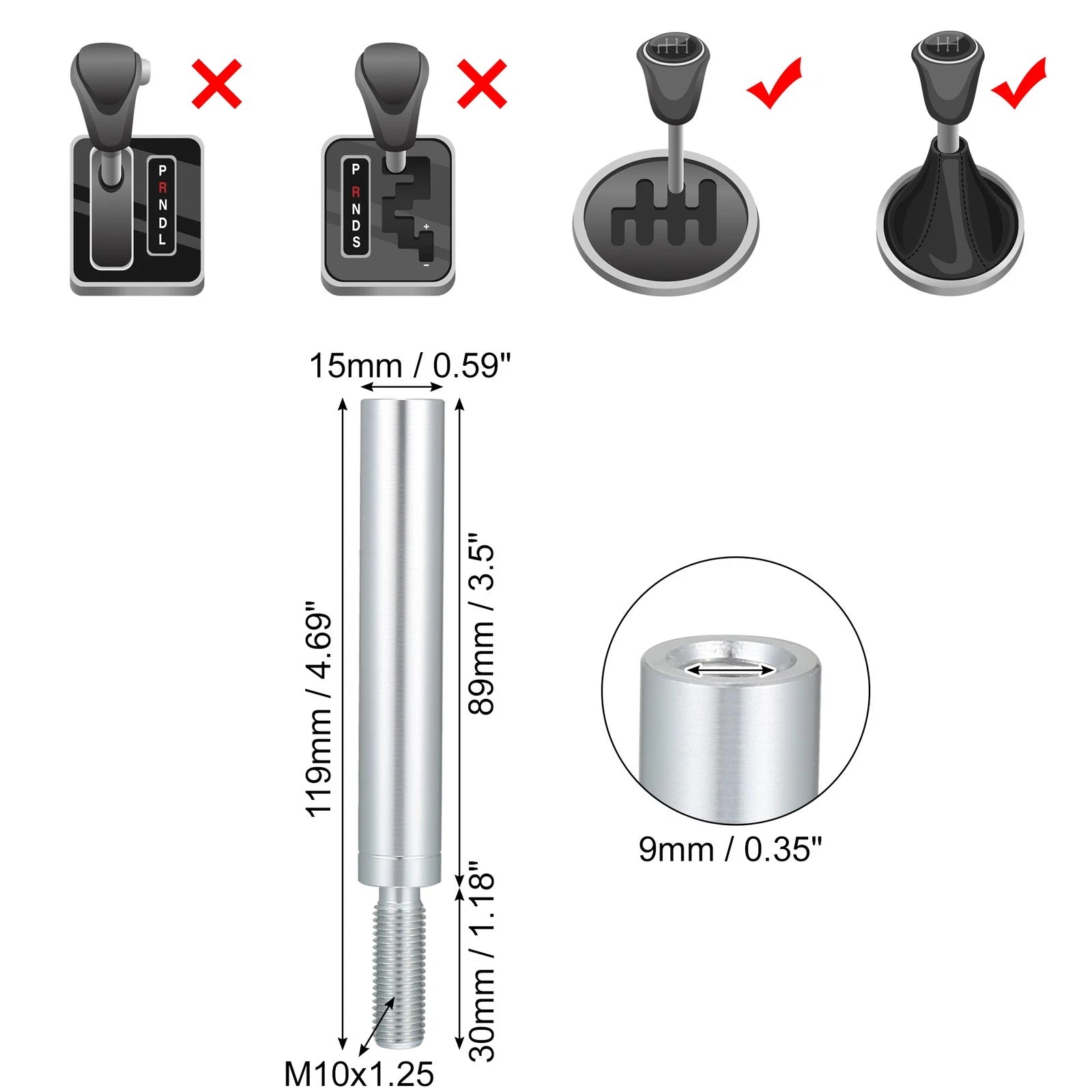 3.5" Shift Knob Aluminum Alloy Gear Shifter Lever M10x1.25 for Mitsubishi 