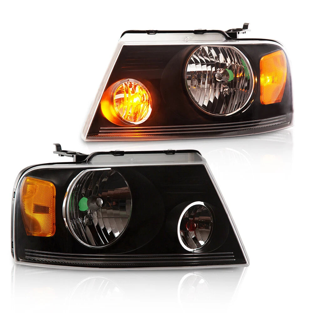 Pair Amber Side Clear/Black Headlights Assembly for Ford F-150 (2004–2008)