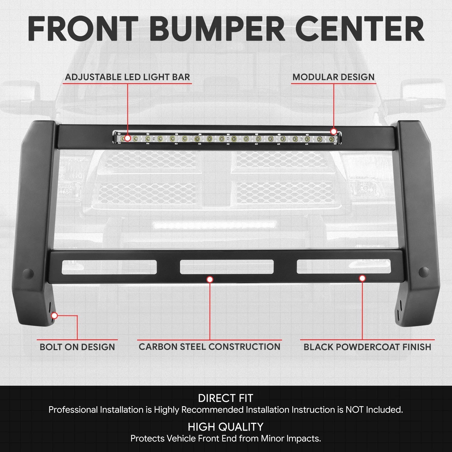 Front Bumper Grille Brush Guard Bull Bar for Dodge Ram 1500 (2009–2023) + LED Strip