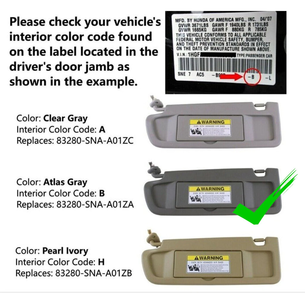 Left Driver Side Dark Gray Sun Visor for Honda Civic (2006-2011)