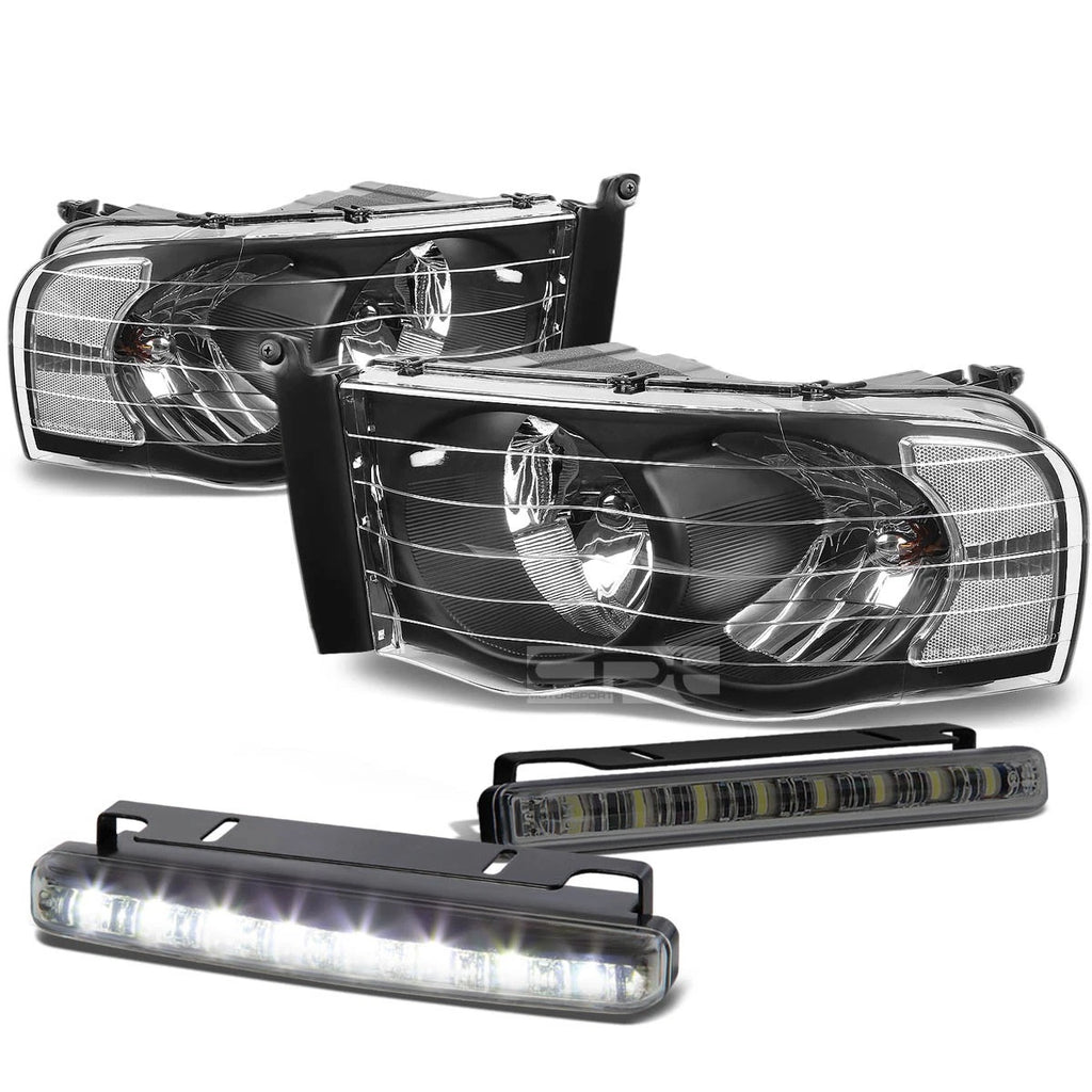 Set of 4 Black Housing Clear Lens Headlight, Signal Lamp, LED Fog Light for Ram (2002–2005)