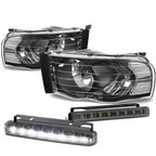 Set of 4 Black Housing Clear Lens Headlight, Signal Lamp, LED Fog Light for Ram (2002–2005)