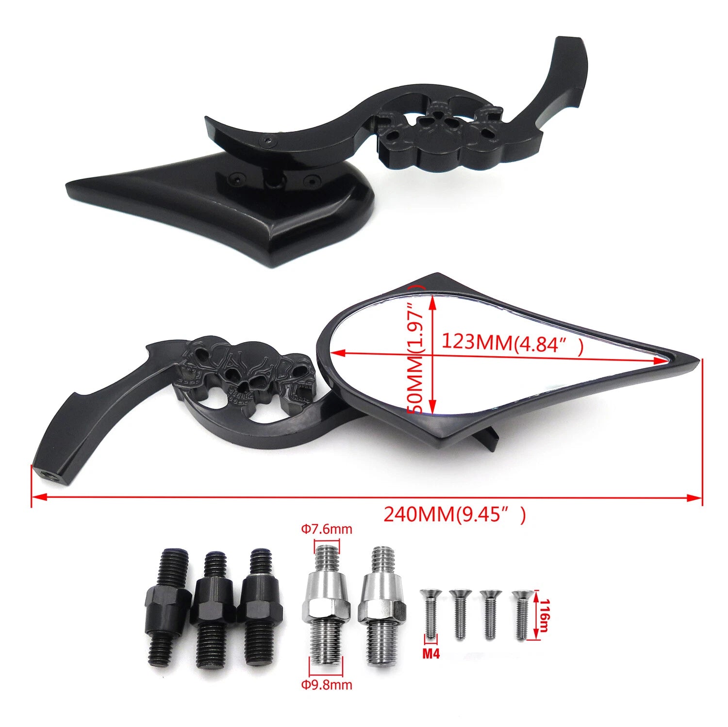 Black Billet Skull Blade Mirror for Honda Kawasaki Suzuki Cruiser (All Years)
