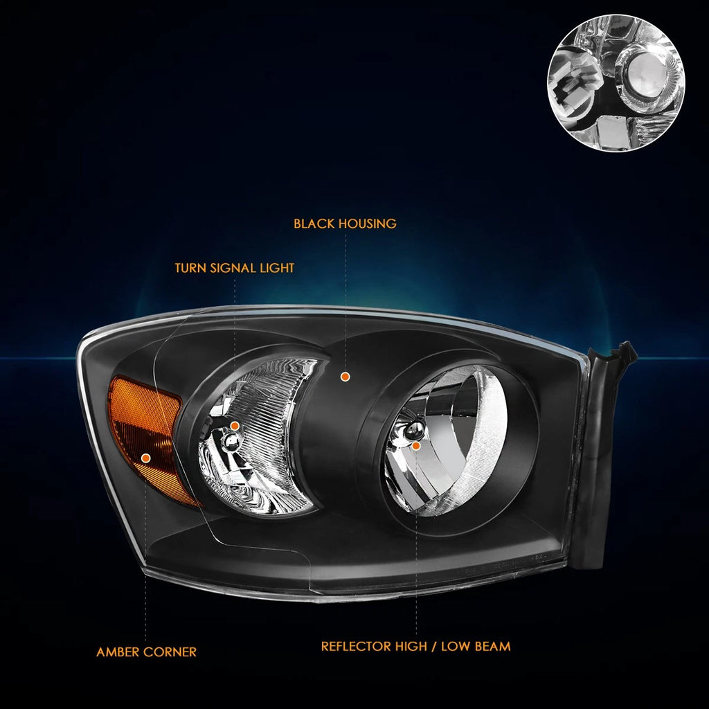 Right Side Headlight for Dodge Ram 1500 2500 3500 (2006) OE Style Black Housing