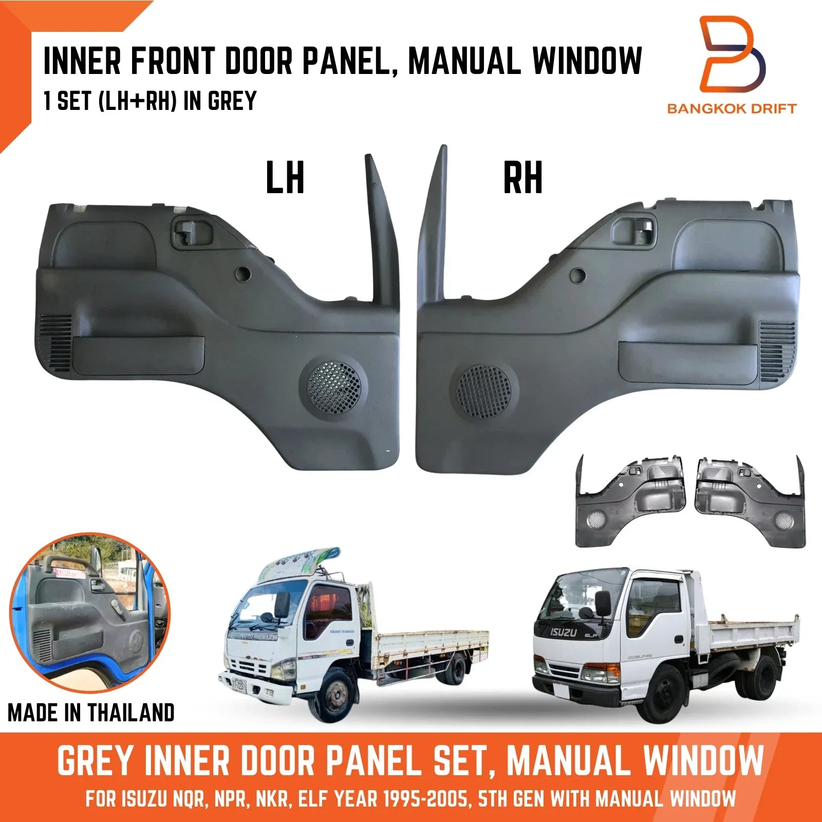 Grey Inner Front Door Panel Manual Window for Isuzu NPR NKR NQR ELF (95-05)