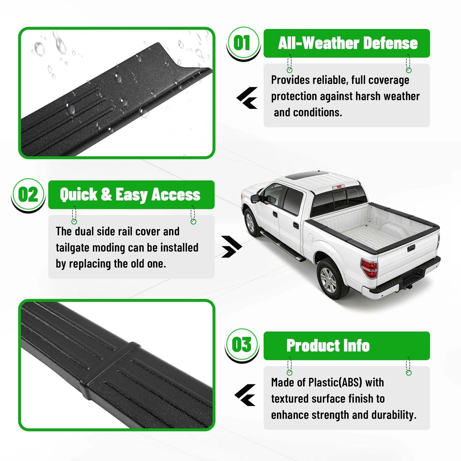 Set of 2 Truck Bed Side Rail Cap Covers for Ford F-150 (2009–2014)