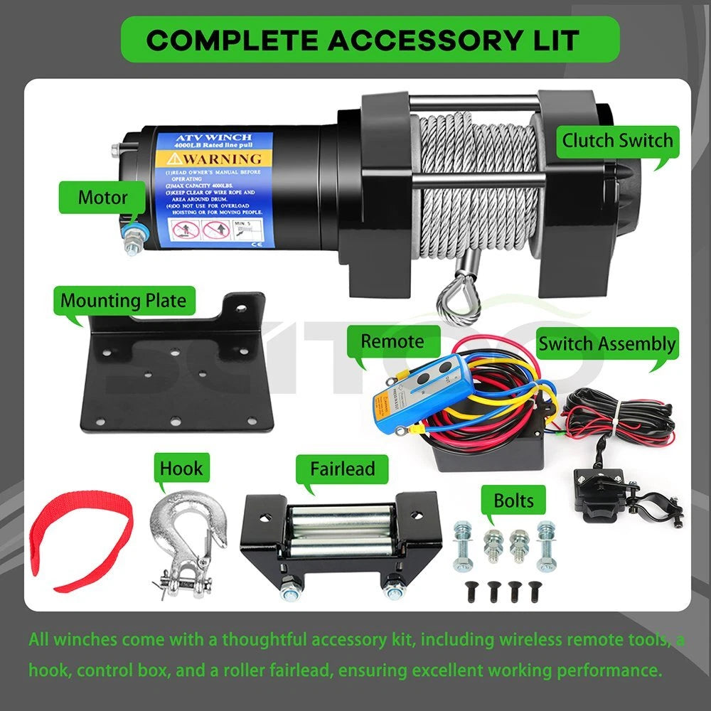 4000lb Electric Winch for Truck (12V, 4.8mm x 15m Steel Rope)