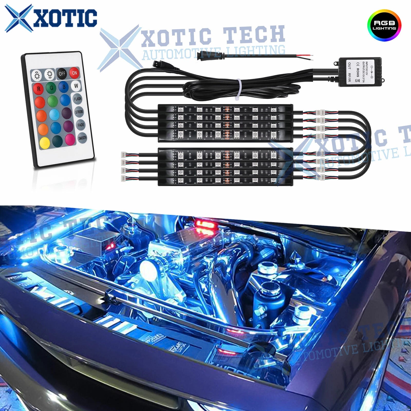 LED Engine Bay Light Strip RGB (8-Pack) for Dodge Charger Challenger (2015–2023)