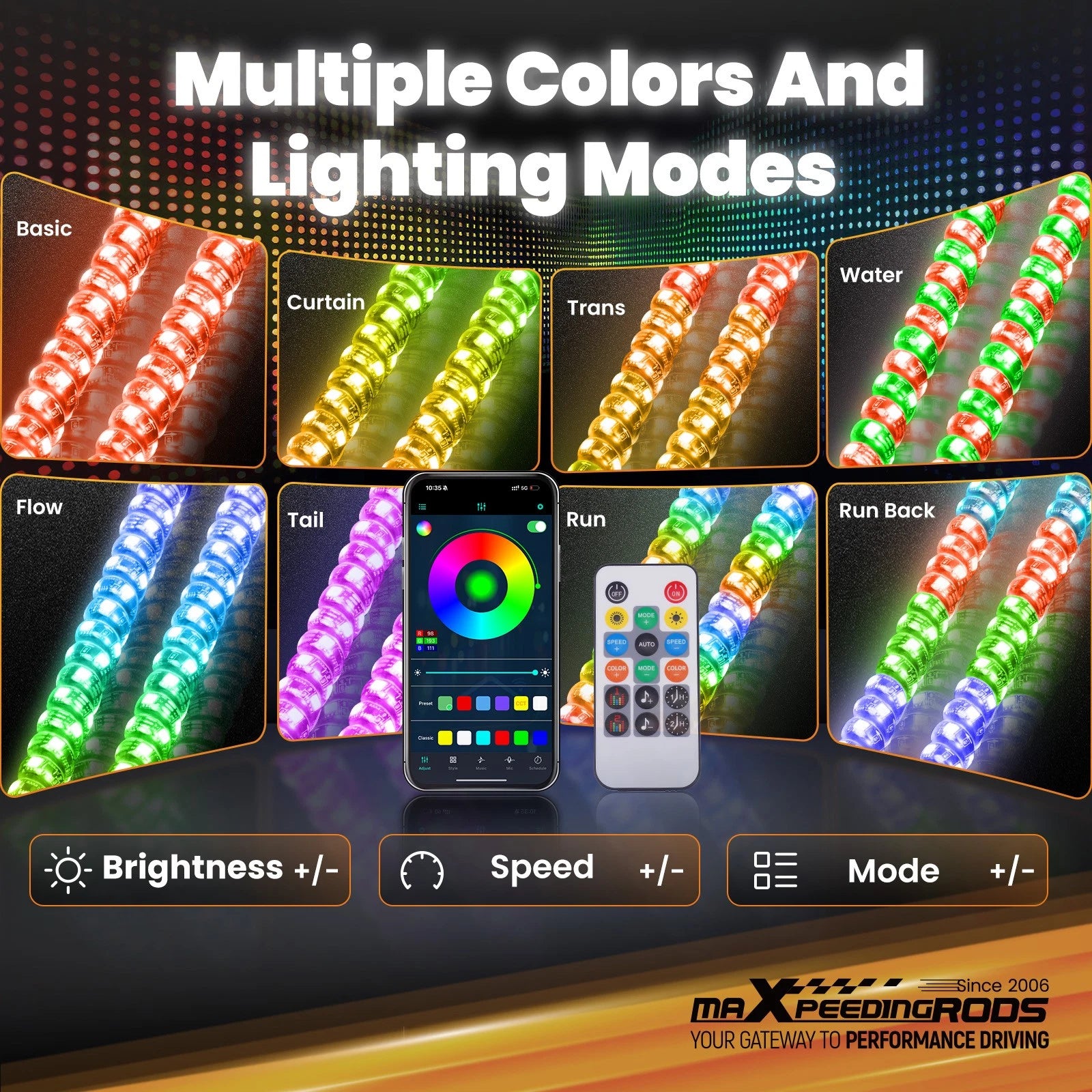 2X 4FT RGB LED Flat Whip Lights for Polaris RZR, Can-Am X3