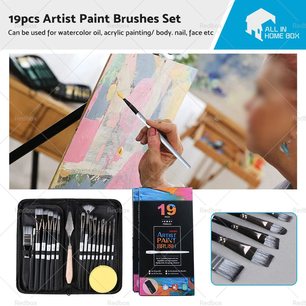 19Pcs Paint Brushes Set for Artists - Watercolour Acrylic Oil Painting