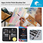 19Pcs Paint Brushes Set for Artists - Watercolour Acrylic Oil Painting