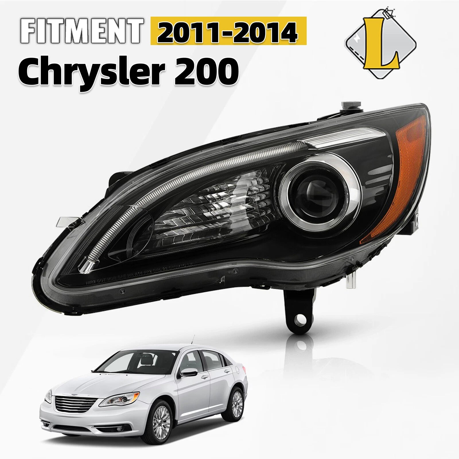 Halogen Headlight with LED DRL for Chrysler 200 (2011–2014) - Left, Black Bezel
