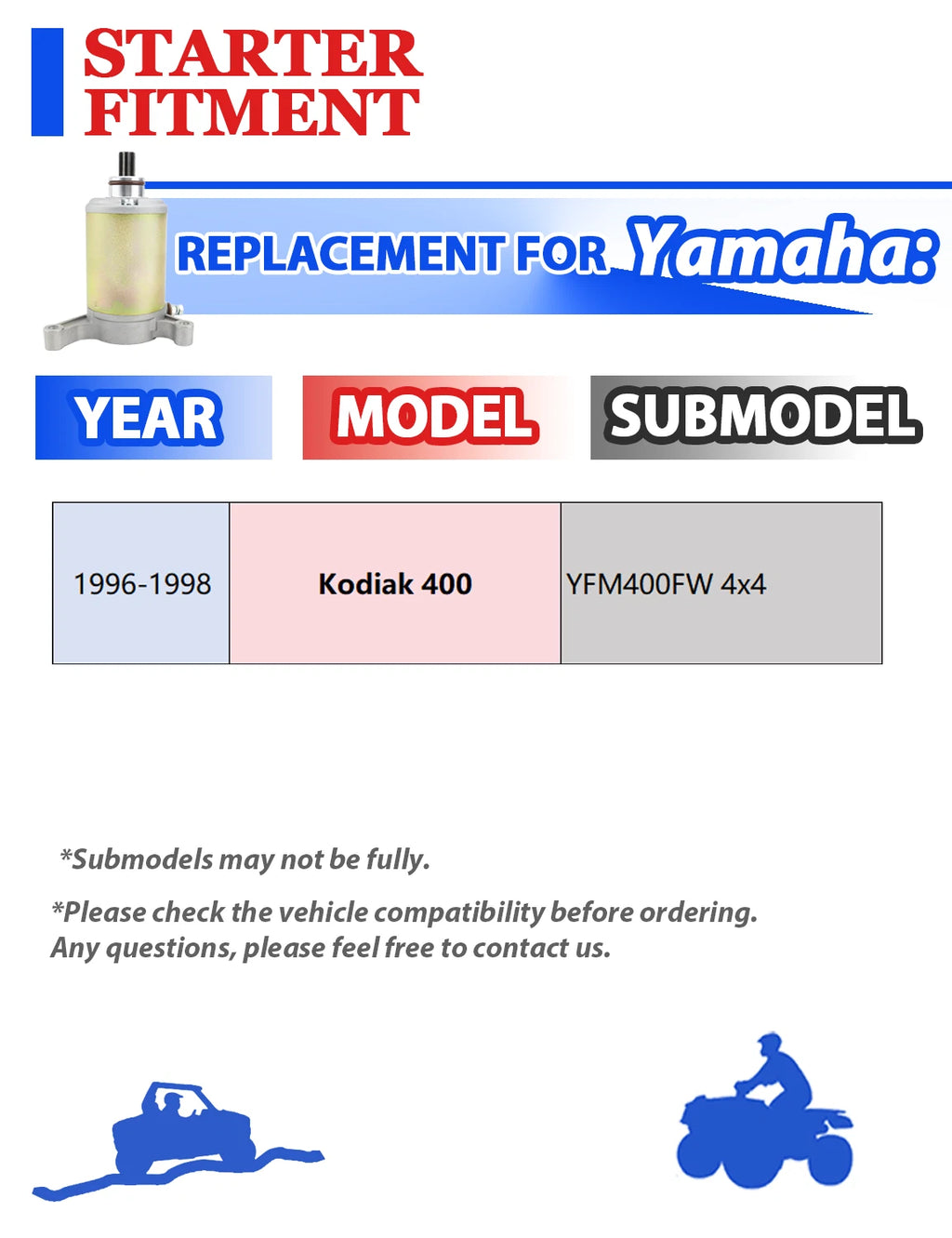 Starter for Yamaha Kodiak 400 4x4 YFM400F (1996–1998) with Relay & Ignition Switch