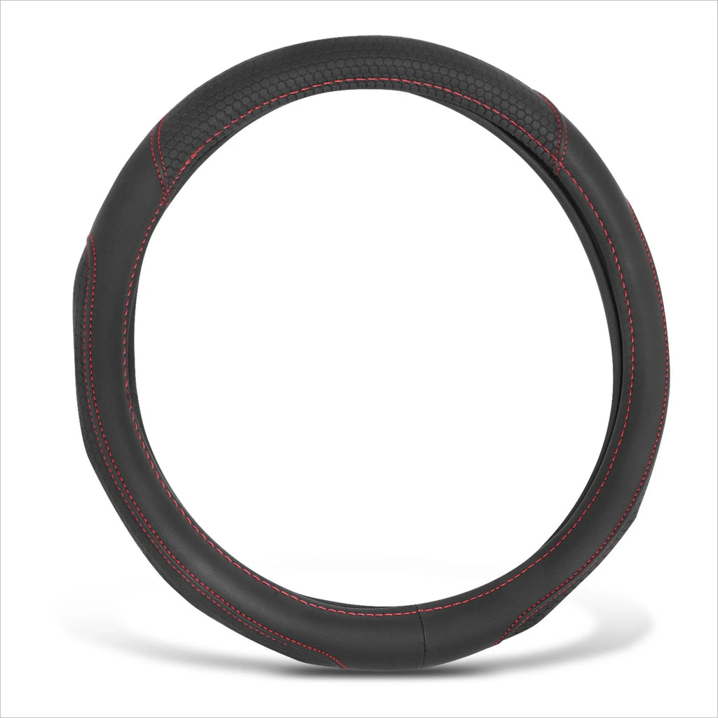 Steering Wheel Cover for Universal Fit (14.5-15") Black Hexagon Red Stitching
