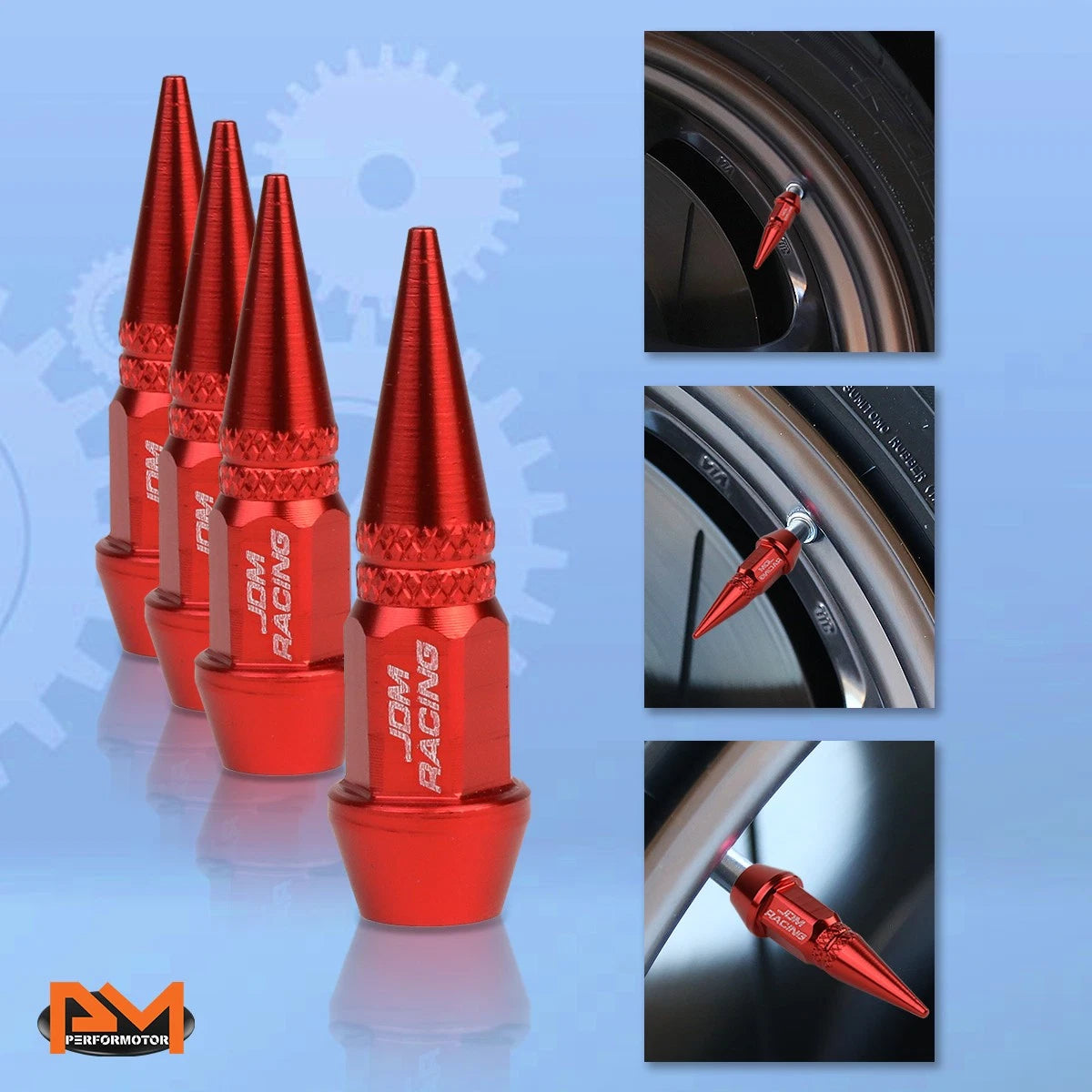 Set of 4 Red Aluminum Spiked Tire Valve Stem Caps for Universal Fit (45mm)