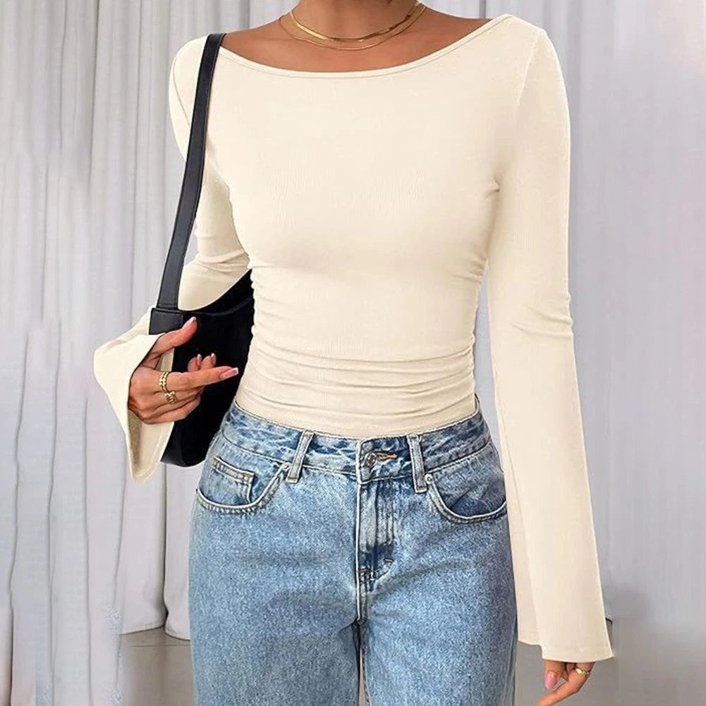 Boat Neck Solid Color Top for Women Slim Fit Flare Long Sleeve Shirt