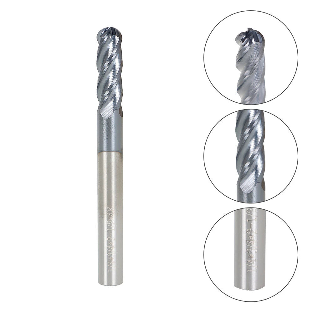 Set of 5 Carbide End Mills 1/4" 4 Flute Ball Nose