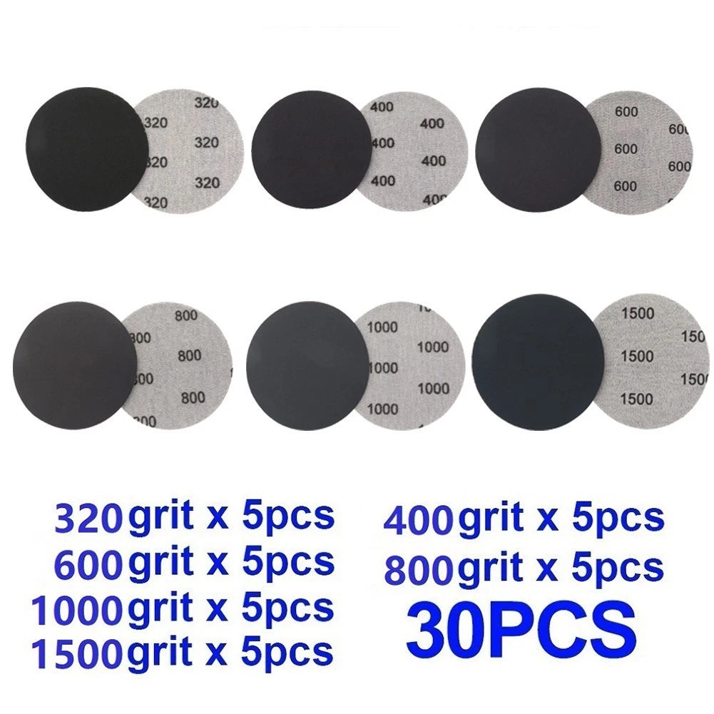 30Pcs 3 Inch Hook & Loop Sanding Discs Wet/Dry Grit 320-1500