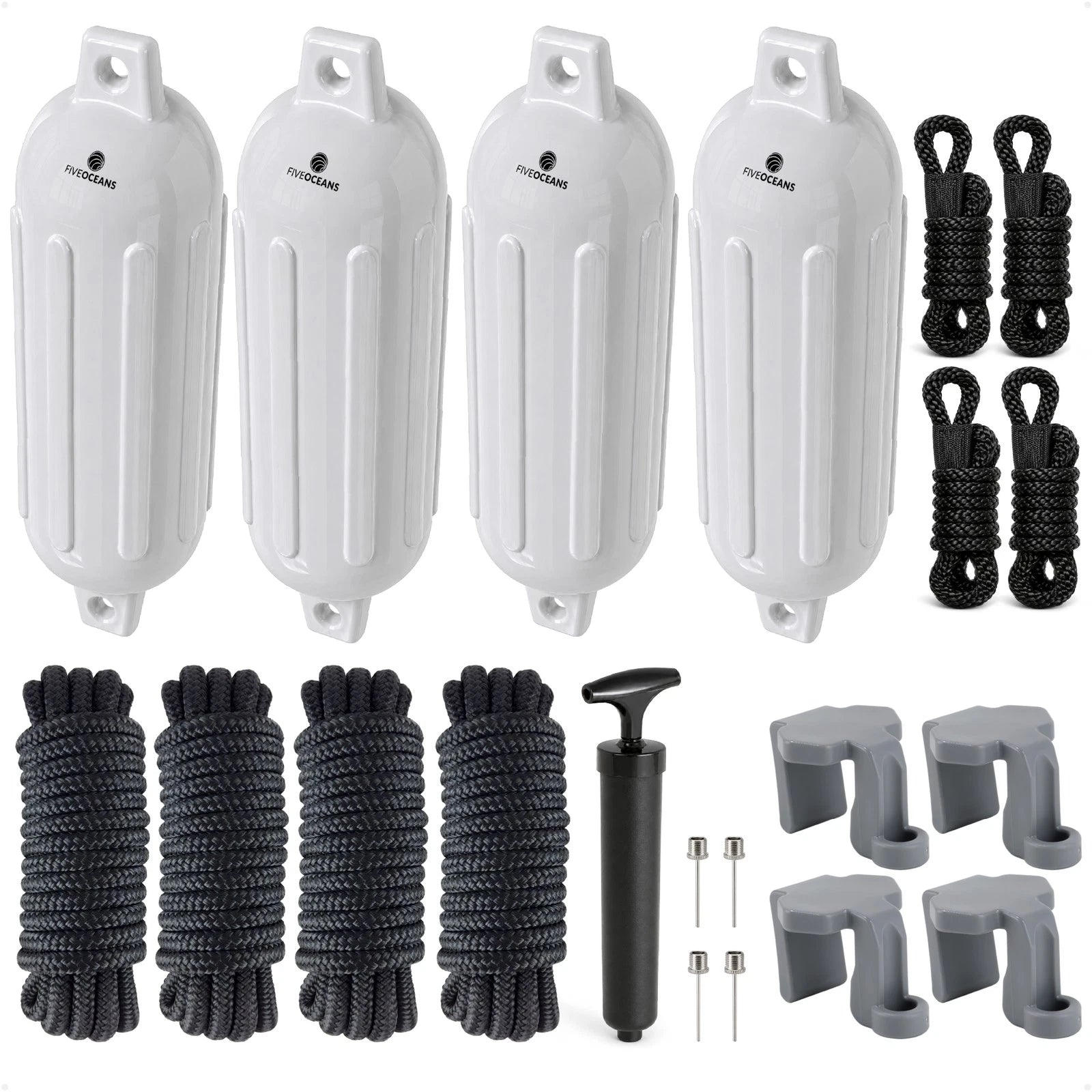Set of 4 Boat Fenders 6.5"x23" with Dock Lines and Fender Clip