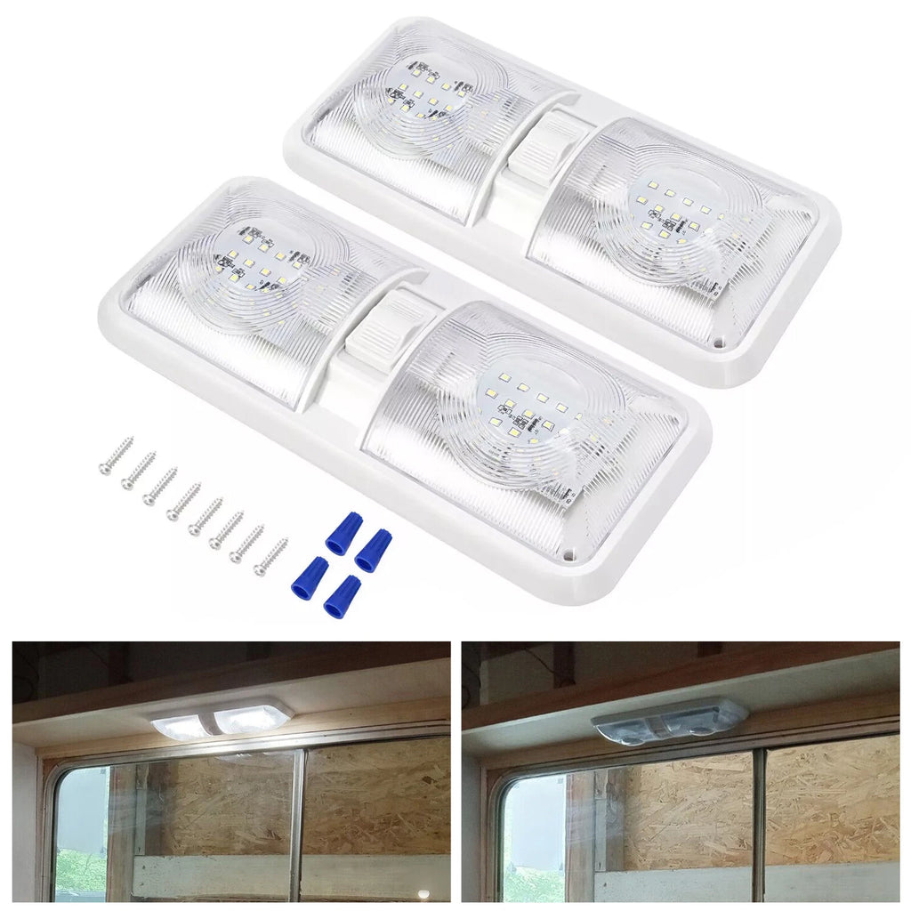 2X 12V LED White Ceiling Fixture Double Dome Light for RV Camper
