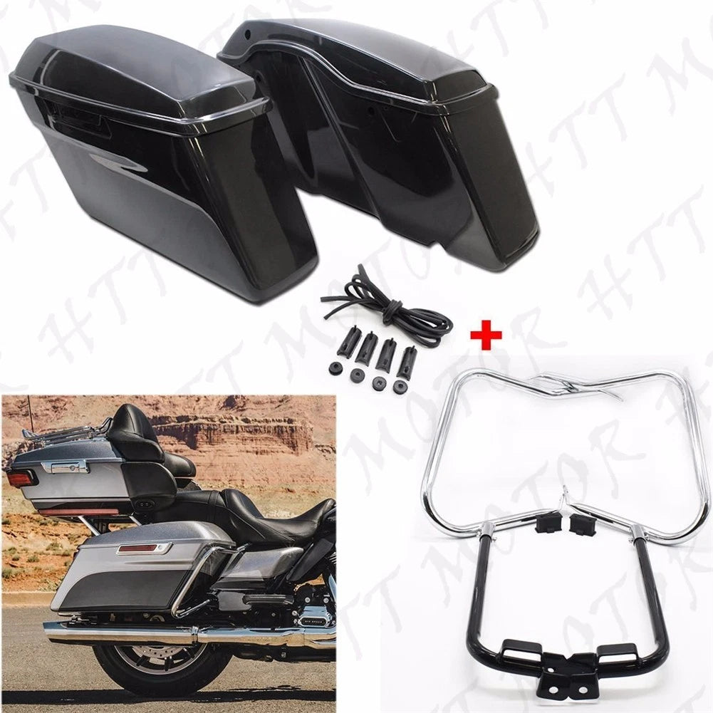Unpainted Saddlebags with Chrome Bracket Guard Bars for Harley Touring (2014–2024)