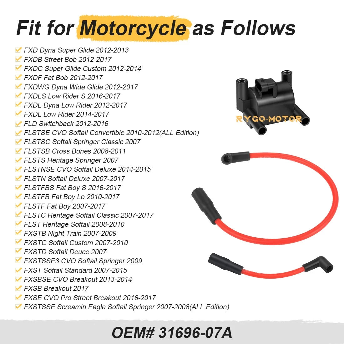 Ignition Coil & Spark Plug Wire Cap for Harley FXD FLD FXST FXSB FXSE (2000–2017)