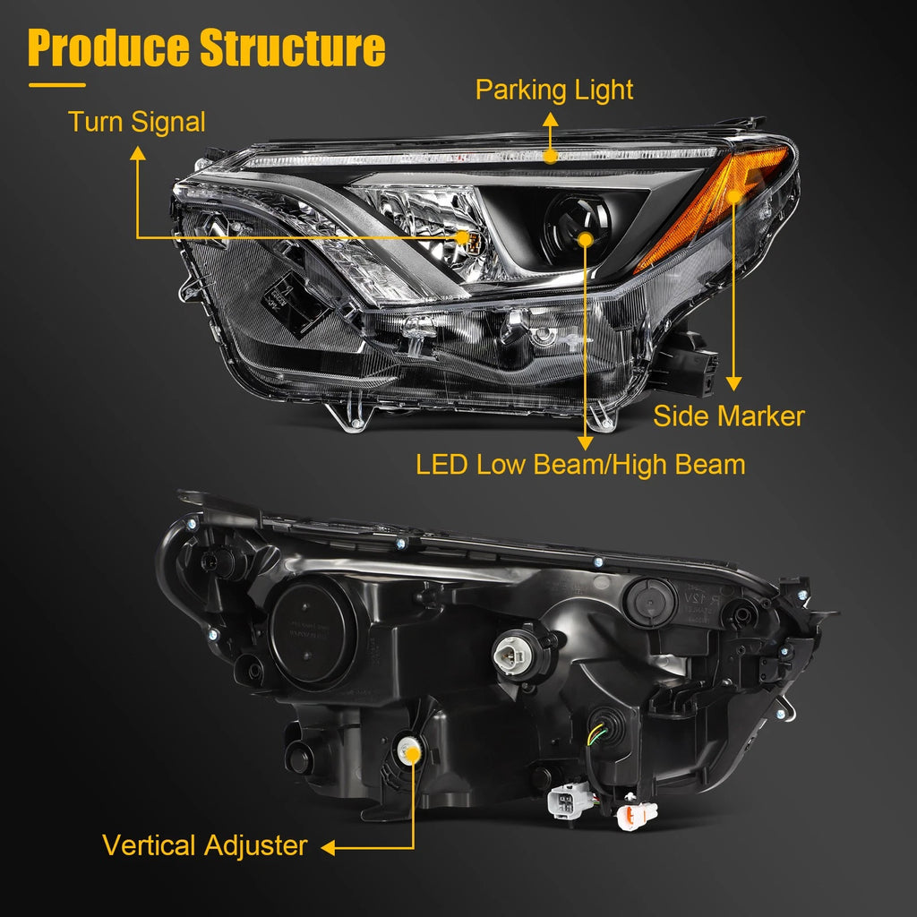 Pair Headlight Assembly for Toyota RAV4 (2016–2018) with LED DRL Black Housing