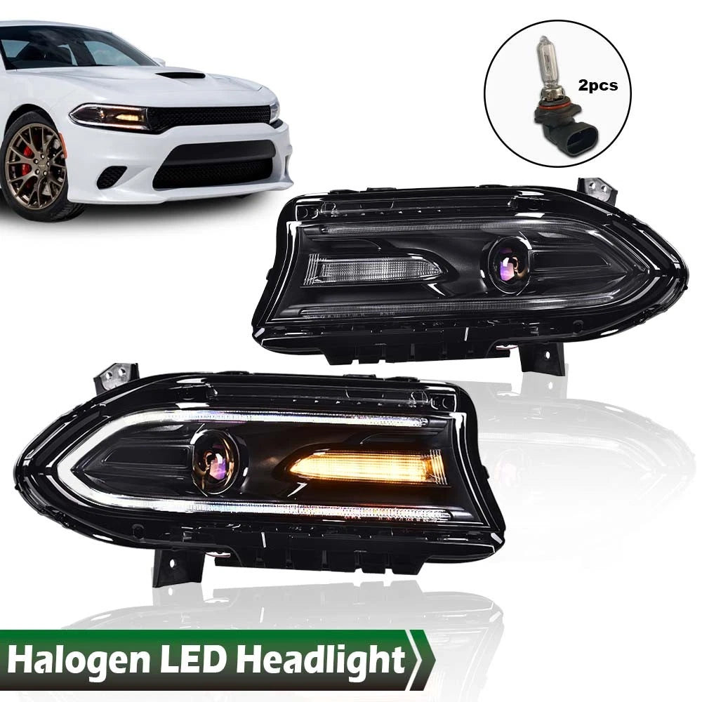 Set of 2 Halogen Projector Headlights with LED DRL for Dodge Charger (2015–2023)