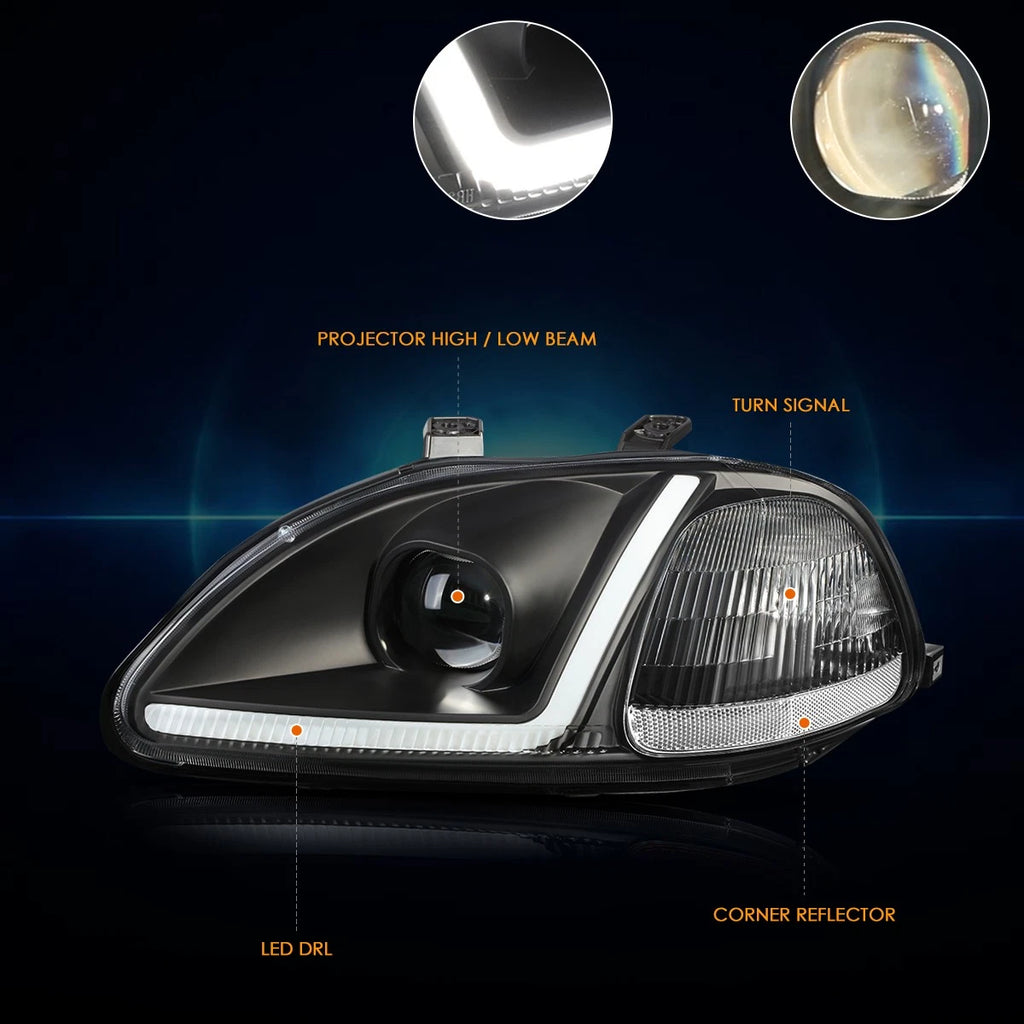 LED DRL Tube Projector Headlight for Honda Civic (1996–1998)