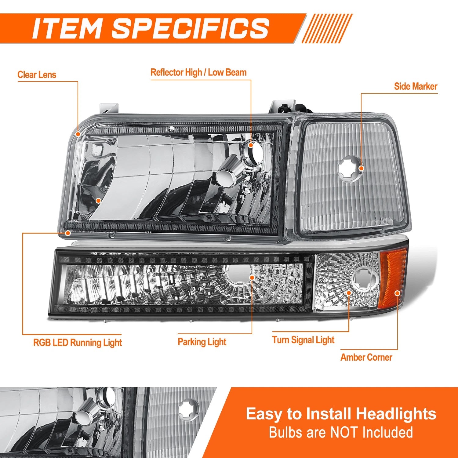 RGB LED Light Bar Bumper Headlights for Ford F150-F350 Bronco (1992–1996)