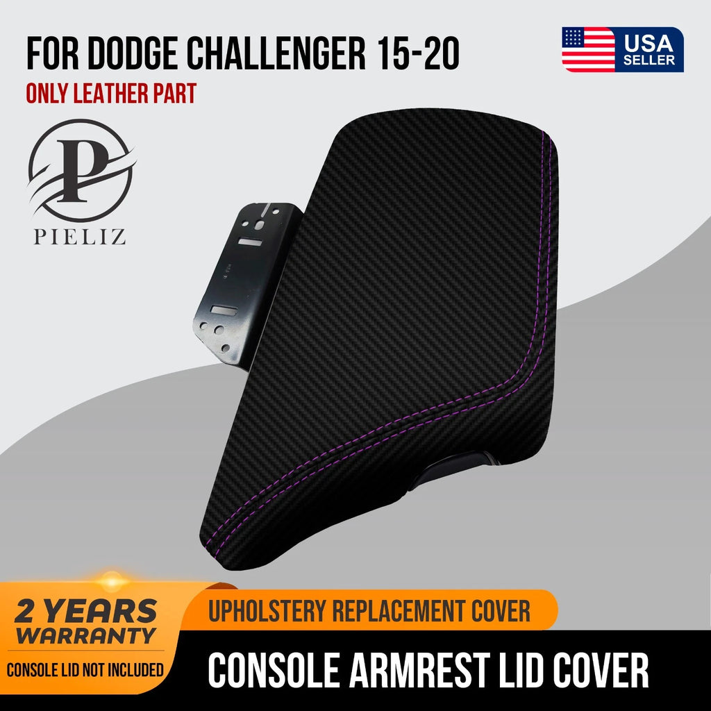 Console Lid Armrest Cover for Dodge Challenger (2015–2020) Carbon Fiber Purple Stitch