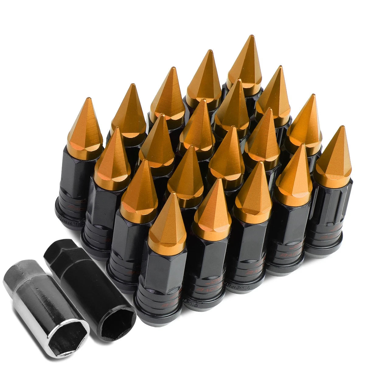 Spiked Cap Steel Orange Rim Lug for + 4 Lock Nuts + Adapter M12x1.5 22mm OD/75mm Tall